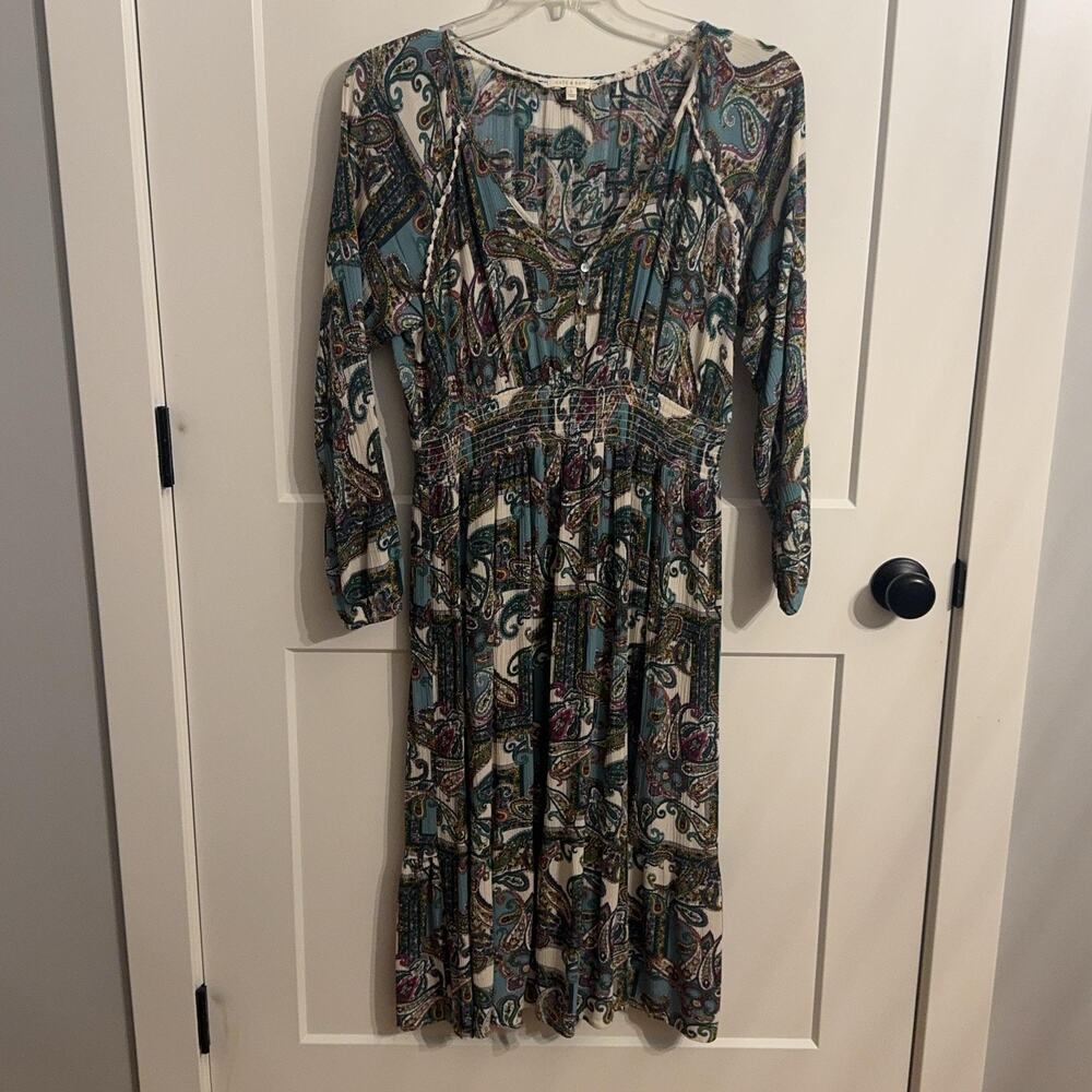 Kate & Sam Dress Sz L Multicolor Paisley Rayon Smocked Fit & Flare Midi Boho